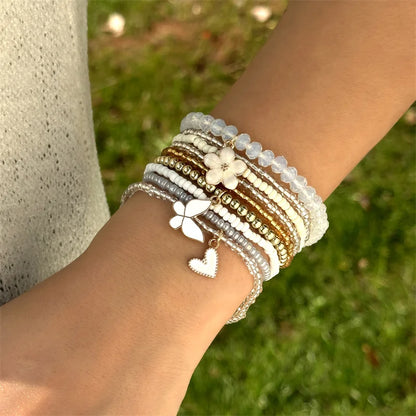 9 Pcs Bohemian Butterfly Flower Beaded Bracelet for Women Handmade Rice Beads Stacked Bracelet Bangles Set Girls Party Jewelry