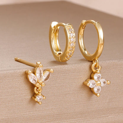 3PCS Fashion Orange Blue Zircon Hanging Earrings Set for Women Stainless Steel Flower Dangle Earring Piercing Jewelry