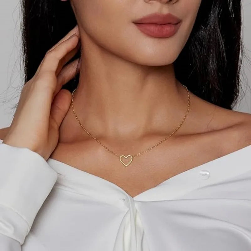 LATS Hollow Love Heart Pendant Necklaces for Women Men Couple 18K Gold Plated Stainless Steel Clavicle Chain Minimalist Jewelry