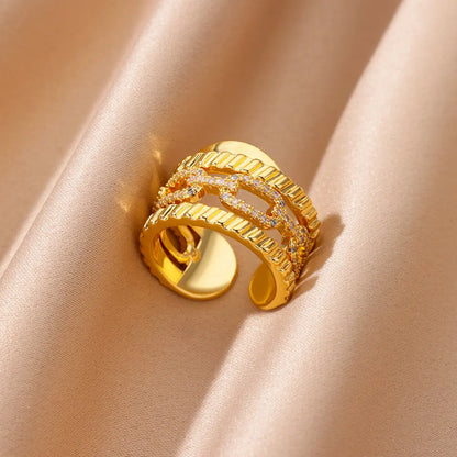 Zircon Cristal Geometric Rings For Women Stainless Steel Gold Color Adjustable Finger Ring Trendy Wedding Luxury Jewerly Gift