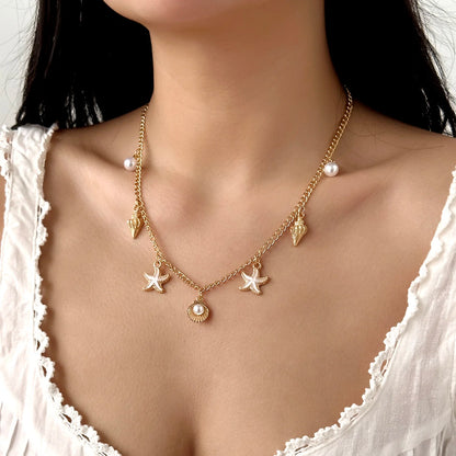 Fashion Gold Color Starfish Conch Turtle Pendant Necklace for Women Handmade Shell Chain Necklace Summer Beach Party Jewelry