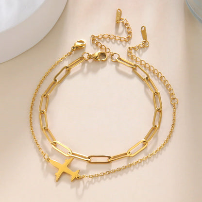 Kkjoy Stainless Steel Bohemia Gold Color Aircraft Anklets Two Layer Foot Legs Anklet Luxury Foot Chain Jewelry Accessories Gifts