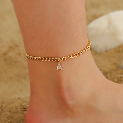 Crystal Initial Letter Anklets For Women Alphabet Cuban Link Foot Chain Beach Leg Chain Bracelets Boho Tiny Zircon Jewelry Gift