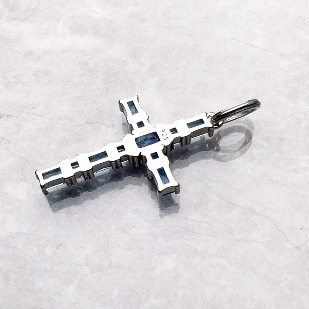 Pendant Cross with Aquamarine Stones Brand New Fine Jewelry 925 Sterling Silver Accessories Romantic Gift For Woman