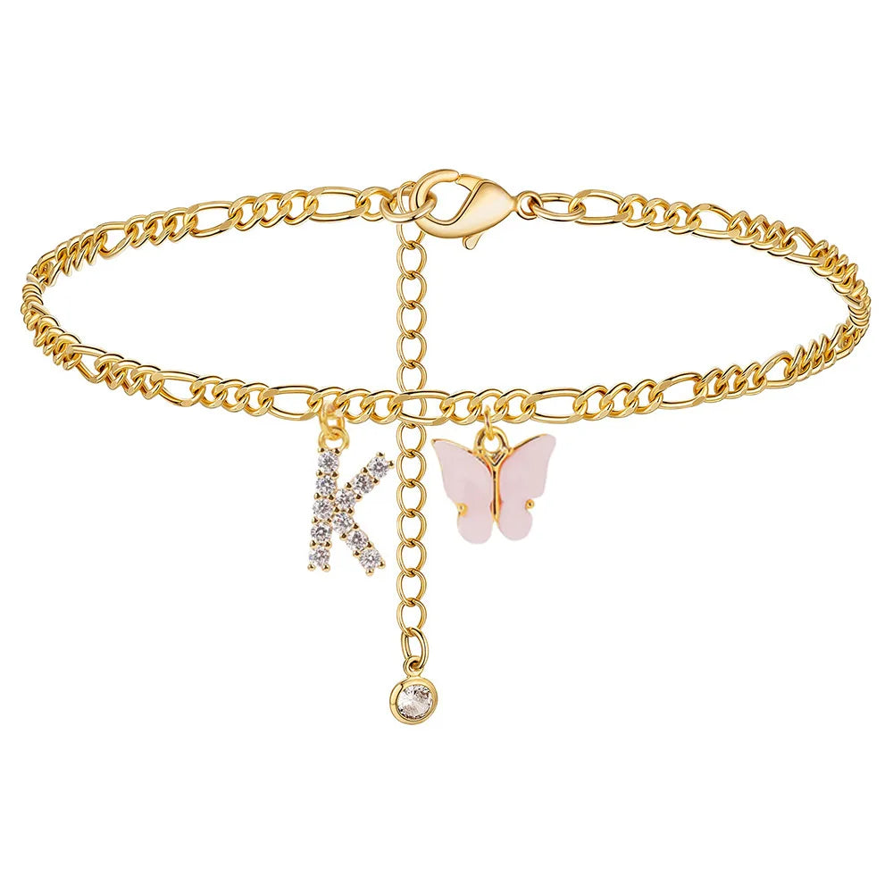 Butterfly Cuban Link Anklet A-Z Letter Initial Anklets Bracelet for Women Stainless Steel Beach Leg Foot Chains Wholesale 2024