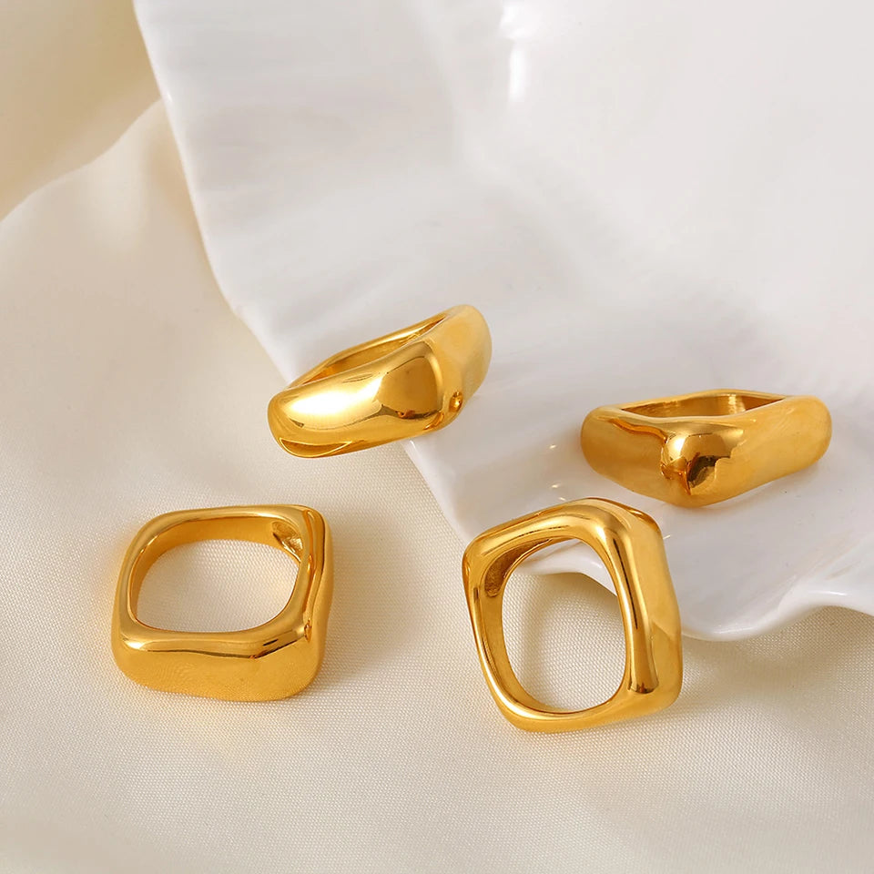 Simple Irregular Square Rings For Women Stainless Steel 18k Gold PVD Plated Waterproof Women's Glossy Ring Couples Jewelry Gift