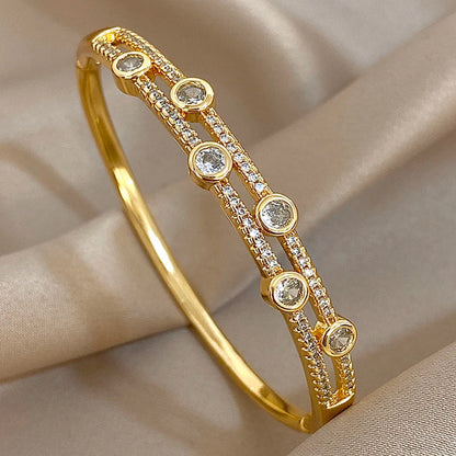 Flashbuy Gold Color Chic Inlaid Zircon Copper Bangle Bracelet For Women Statement New Design Temperament Wrist Fashion Jewelry