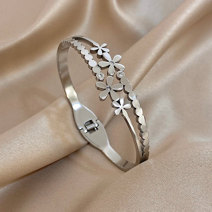 Greatera Stainless Steel Double Flower Cuff Bracelet Bangle for Women Gold Color Metal Floral Bracelets Waterproof Party Jewelry