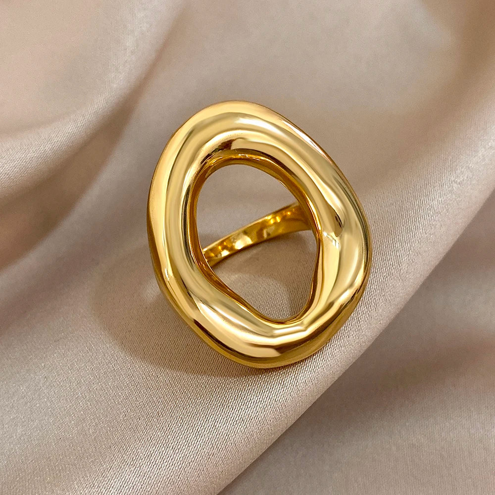 Irregular Geometric Circle Rings for Women Men Fashion Chunky Gold Plated Stainless Steel Finger Rings Unique Design Jewelry