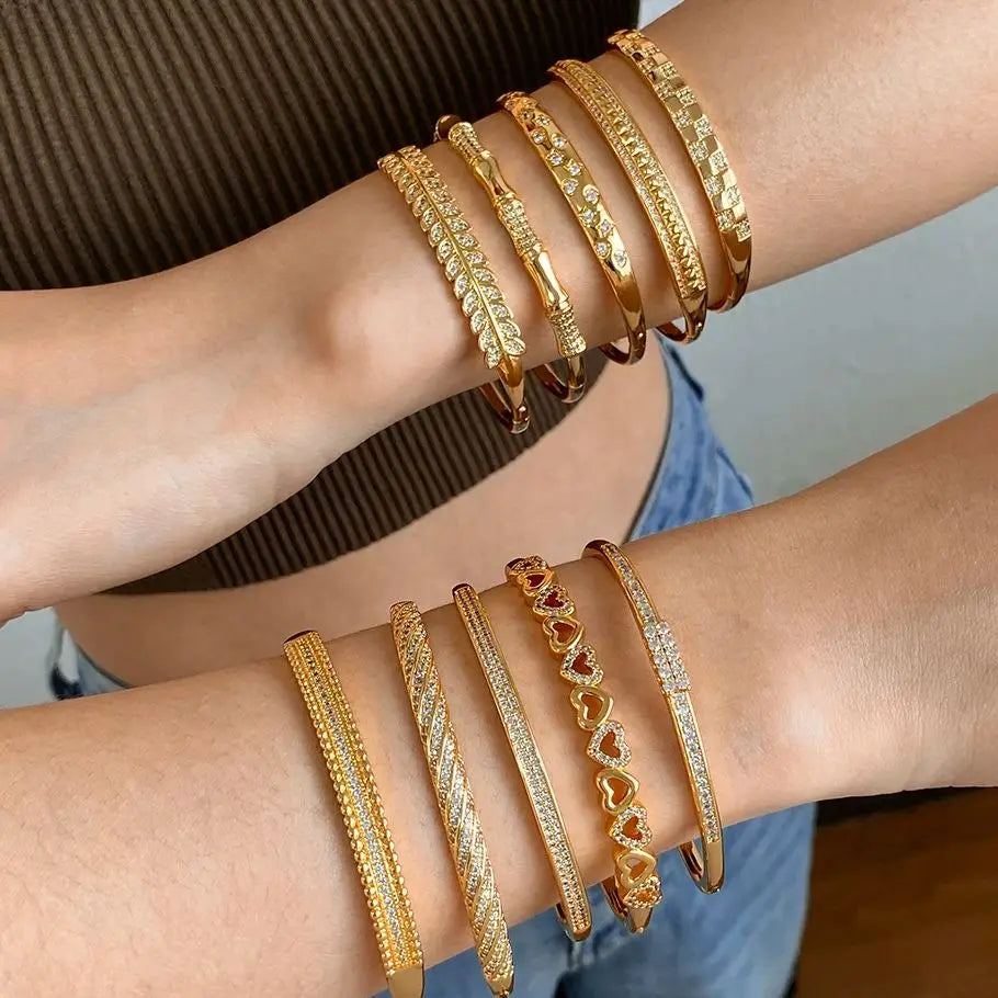 Flashbuy Gold Color Chic Inlaid Zircon Copper Bangle Bracelet For Women Statement New Design Temperament Wrist Fashion Jewelry