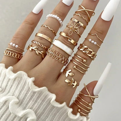 Silver Color Geometric Knuckle Ring Set For Women Artificial Pearl Simple Chain Finger Ring Female Bohemian Jewelry Accessories