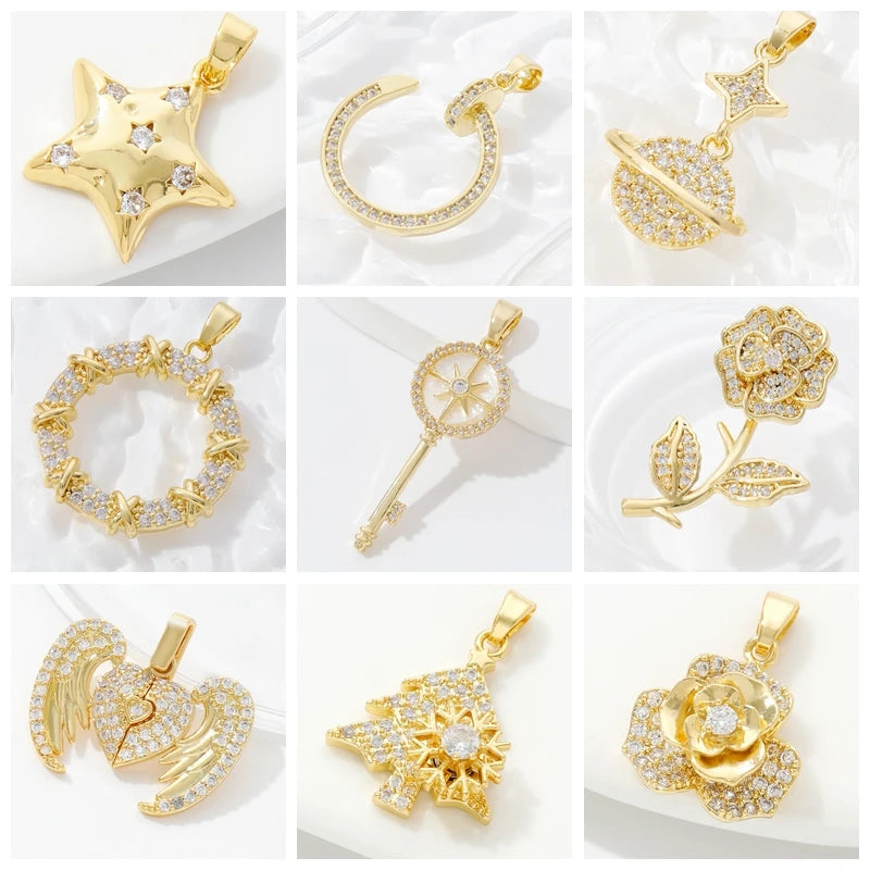 Pendants For Necklace Accessories 18K Gold Plated Brass Inlaid Zircon Moon/Star Charm Pendant DIY Jewelry Making Supplies