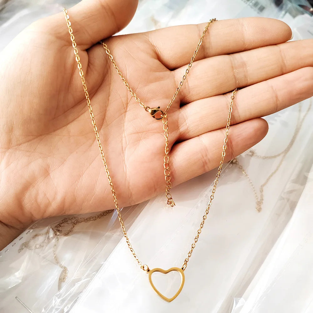 LATS Hollow Love Heart Pendant Necklaces for Women Men Couple 18K Gold Plated Stainless Steel Clavicle Chain Minimalist Jewelry