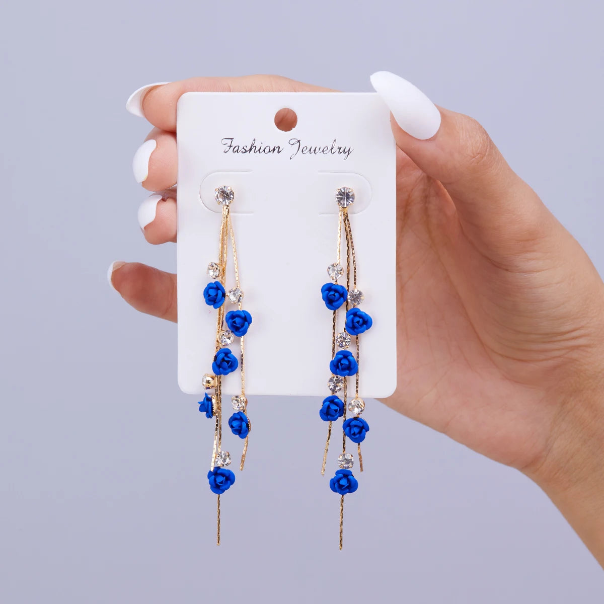 New Rose Flower Long Tassel Dangle Earrings Women Blue Red Green Rhinestone Flowers Hanging Earring Girls Party Wedding Jewelry