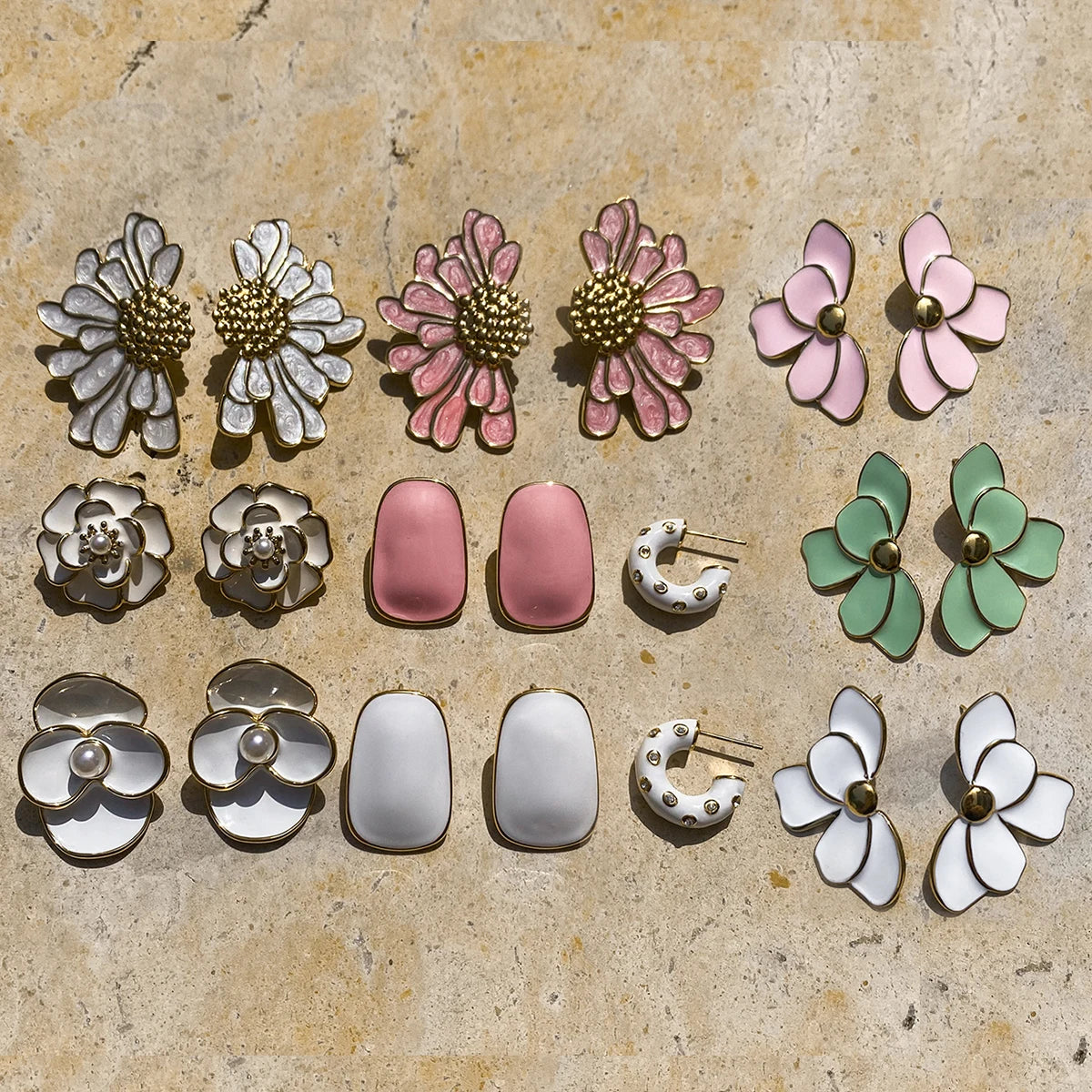 Uworld Fashion Trend 18K Gold Color Plated Stainless Steel Pink Drip Oil Flower Earrings Geometric Ear Studs Women's Accessories