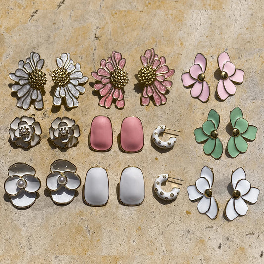 Uworld Fashion Trend 18K Gold Color Plated Stainless Steel Pink Drip Oil Flower Earrings Geometric Ear Studs Women's Accessories