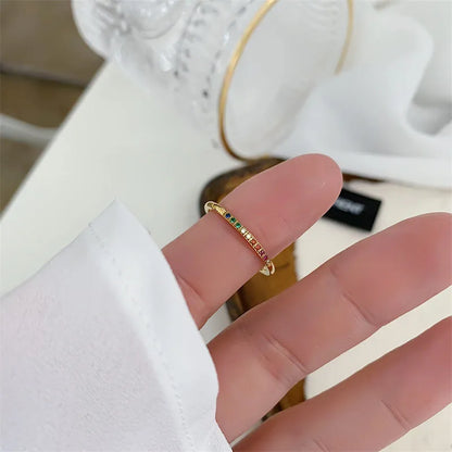 INS Stainless Steel Rainbow Color Cubic Zircon Stone Finger Rings for Women Gold Plated Waterproof Stacker Ring Jewelry Gift