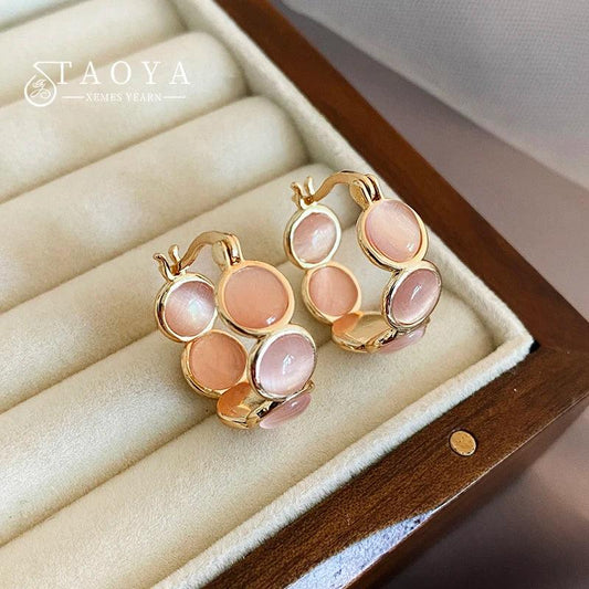 Sweet Girls' Pink Round Opals Hoop Earrings 2025 New Design Jewelry Luxury Accessories Suitable for Women's Daily Wear Earrings