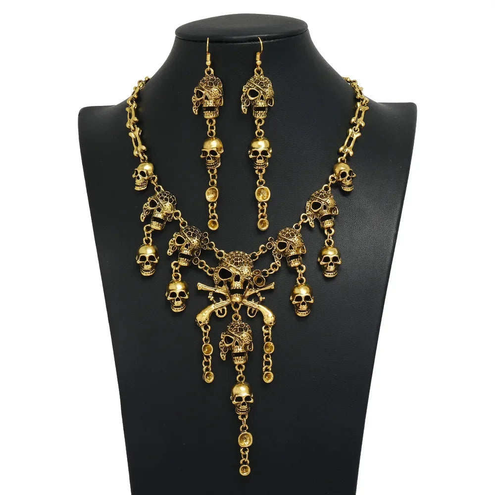 Halloween Jewelry Sets Vintage Goth Punk Pirate Skeleton Skull Statement Necklace And Earrings For Men Women Party Accessories