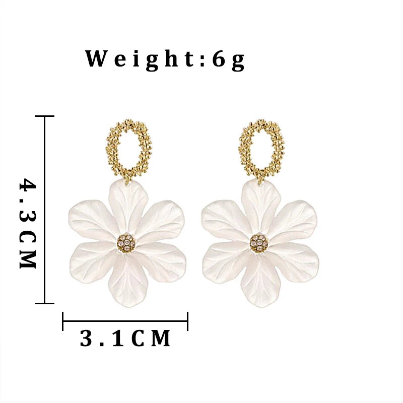 White Flower Dangle Earrings for Women Acrylic Big Floral Metal Circle Drop Earrings Korean Fashion Cute Girl Party Jewelry Gift