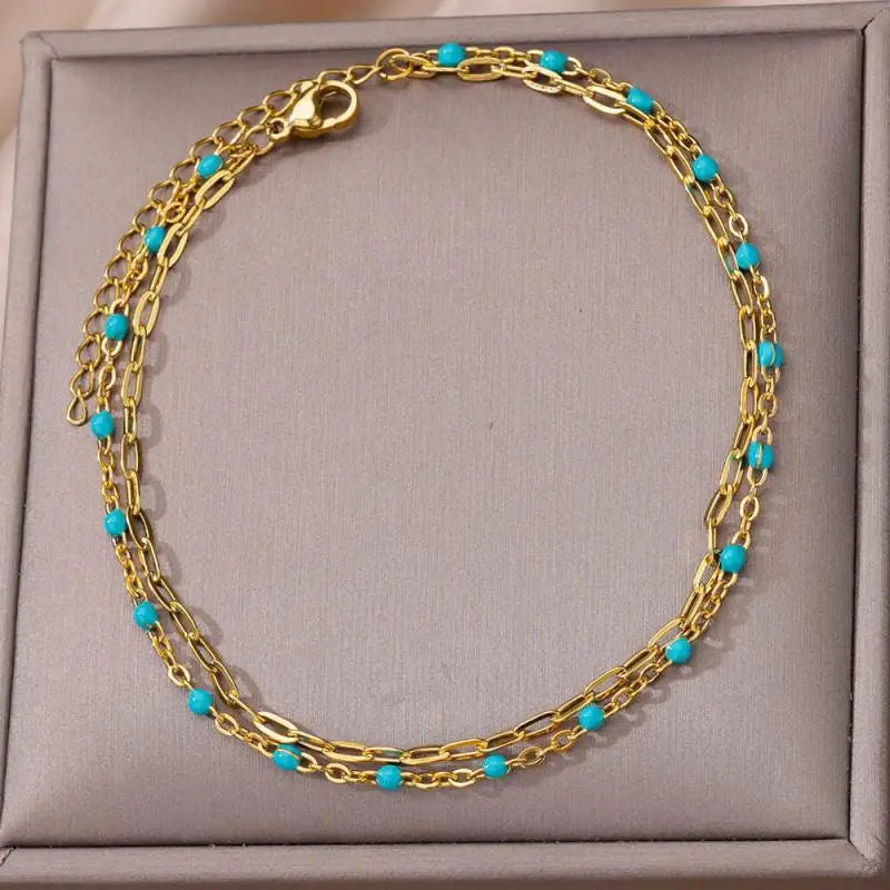 Anklets for Women Stainless Steel Stone Beaded Chain Anklet Summer Beach Accessories Boho Leg Bracelets Jewelry Tobilleras Mujer