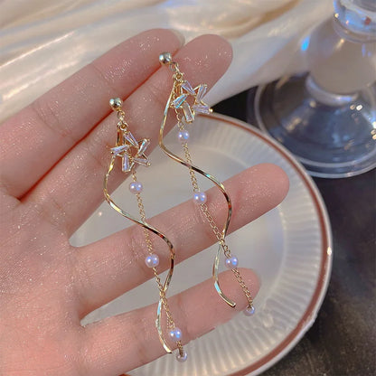 Elegant Cherry Blossom Princess Earrings for Women Personalized Asymmetrical Long Tassel Star Pearl Ear Stud Party Jewelry Gifts