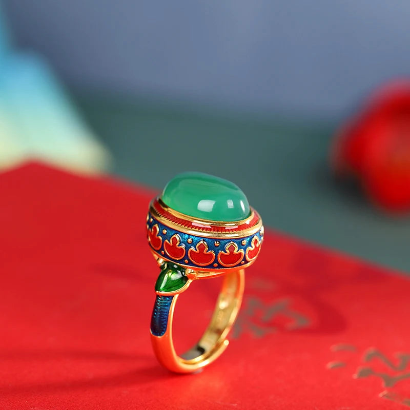 Original ancient gold craftsmanship natural carnelian rings for women flower enamel national style light luxury Wedding jewelry