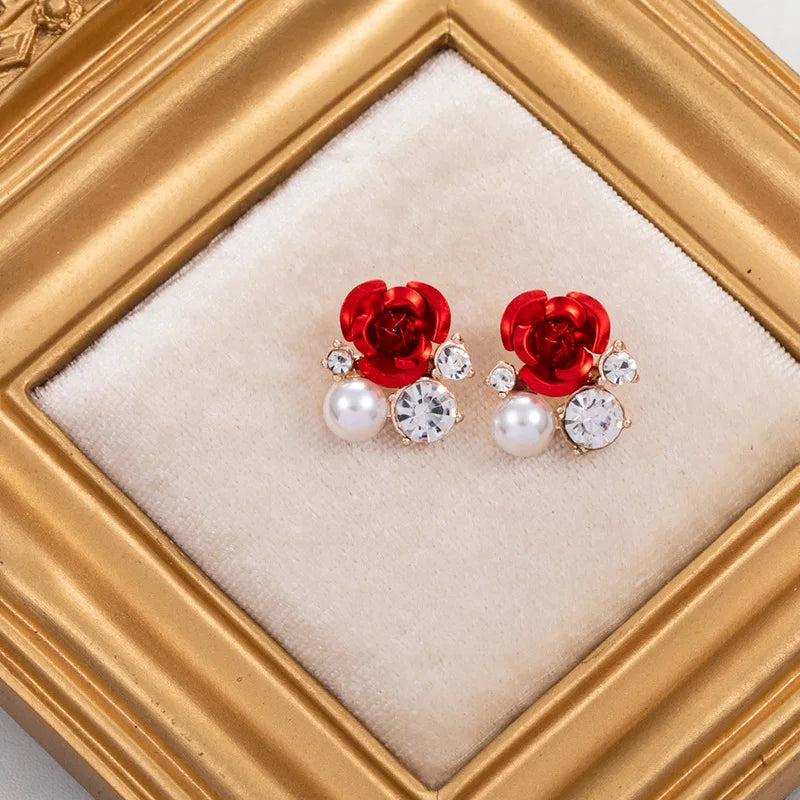 Fashion Red Rose Rhinestone Stud Earrings For Women Butterfly Angel Wings Pearl Flowers Earring Bride Wedding Engagement Jewelry