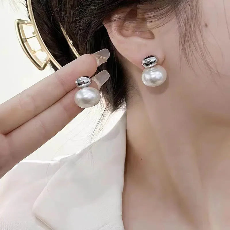 LATS New French Elegant Gold Color Bean Spliced Flat Pearl Earrings for Korean Fashion Jewelry Party Women's Sweet Accessories