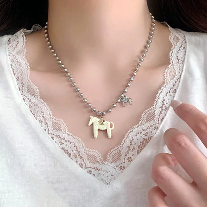 LATS Funny Cute White Black Pink Color Enamel Colt Horse Pendant Necklaces for Women Alloy Beads Chain Chokers Fashion Jewelry