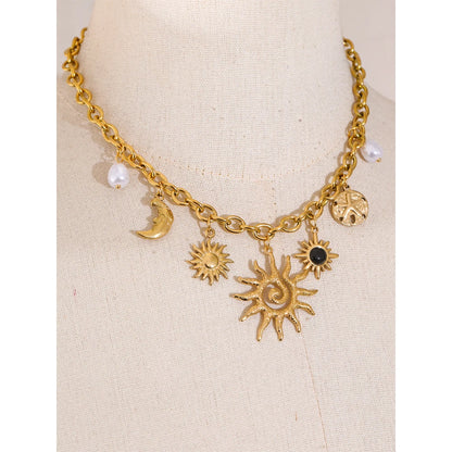 Yhpup Trendy Starfish Moon Sun Shaped Pendant Charm Necklace Statement Stainless Steel Golden Chain Fashion Jewelry PVD Plated