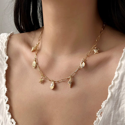 Fashion Gold Color Starfish Conch Turtle Pendant Necklace for Women Handmade Shell Chain Necklace Summer Beach Party Jewelry