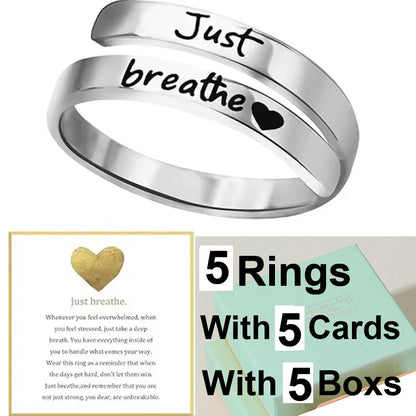 Stainless Steel Ring Just Breathe Ring for Women Men, Spiral Wrap Healing Rings, Inspirational Gifts with Message Card Box