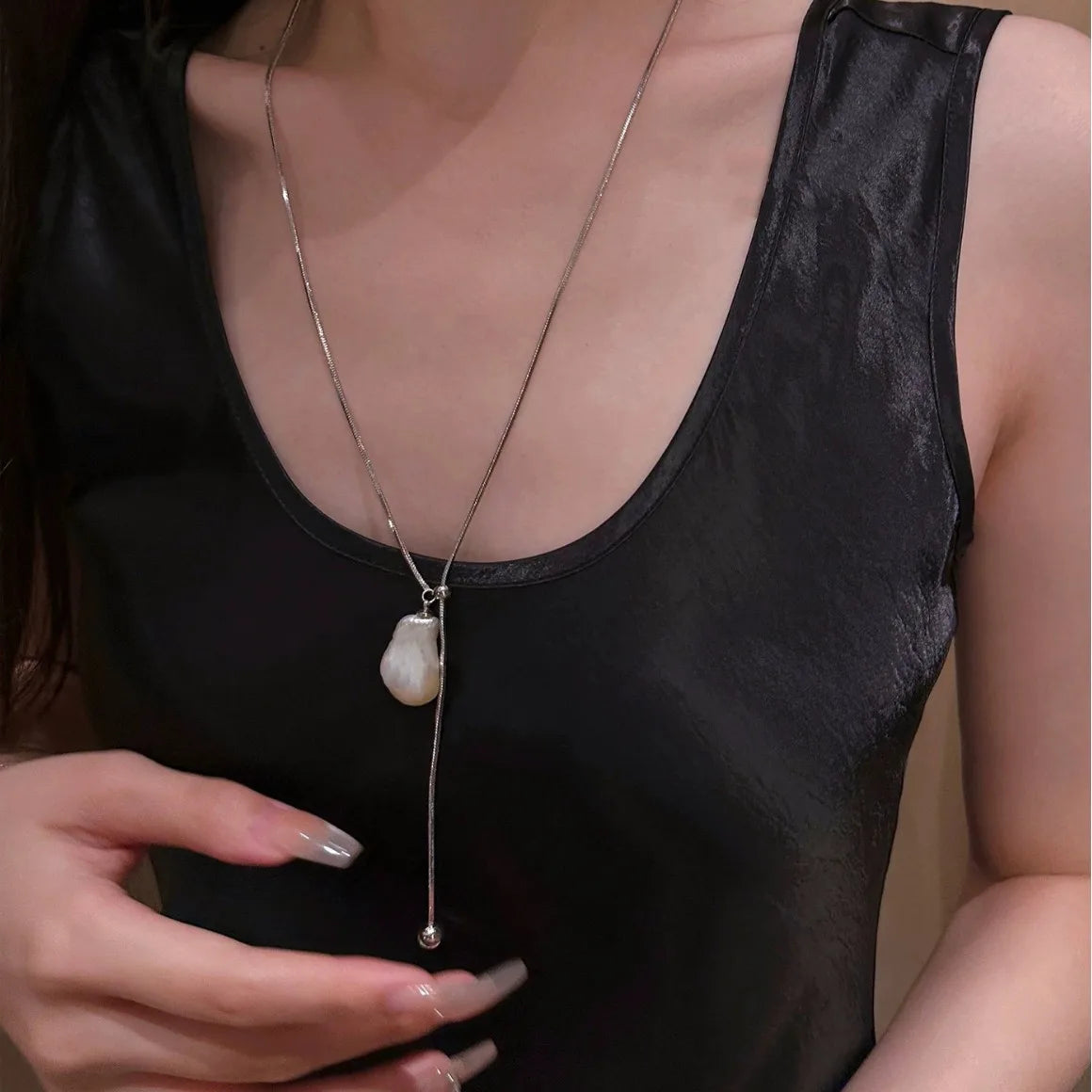 LATS Stainless Steel Long with Baroque Pearls Necklace for Women Adjustable Chain Sweater Accessories Fashion Jewelry