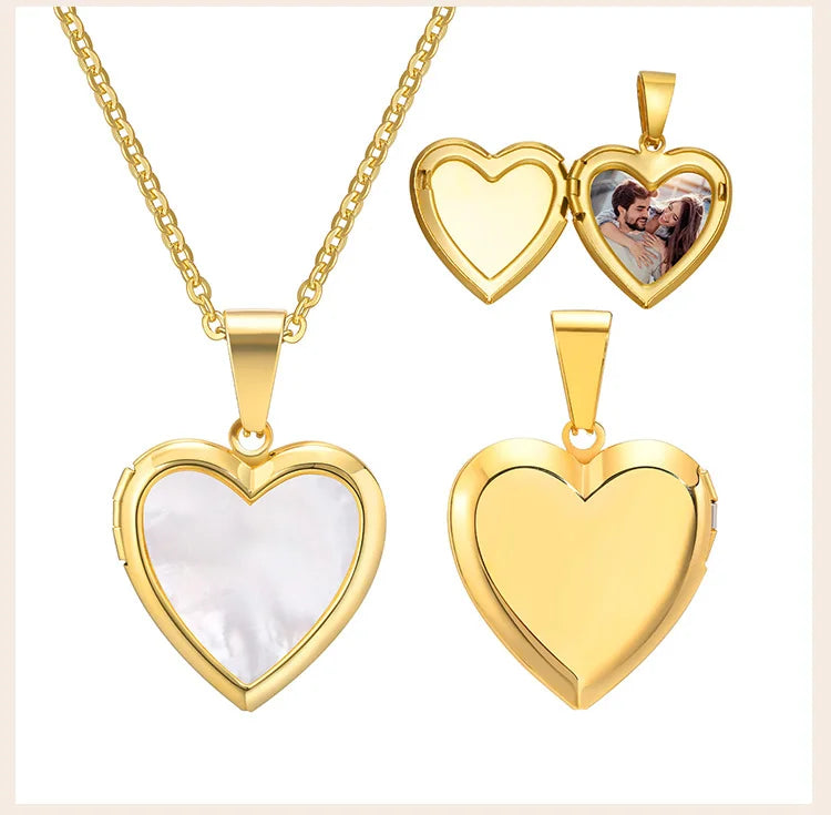 Shell Heart Locket Necklace for Women,  Mother Of Pearl Love Shape Pendant, Elegant Stainless Steel Jewelry