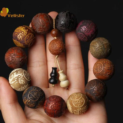 Classic 20mm Handmade Wood Carved Beaded Bracelet With Pendant For Men And Women Jewelry Gift