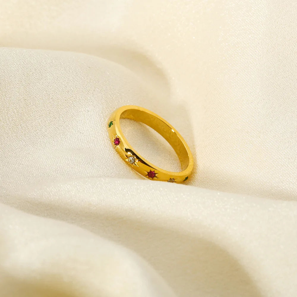 INS Stainless Steel Rainbow Color Cubic Zircon Stone Finger Rings for Women Gold Plated Waterproof Stacker Ring Jewelry Gift