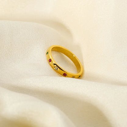 INS Stainless Steel Rainbow Color Cubic Zircon Stone Finger Rings for Women Gold Plated Waterproof Stacker Ring Jewelry Gift