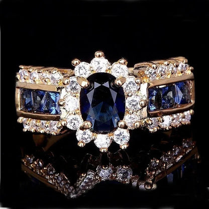 2024 new Luxurious Blue Red Zircon Fashion Men's and Women's Rings Gold Color Anniversary Unisex Jewelry Wedding Rings Wholesale