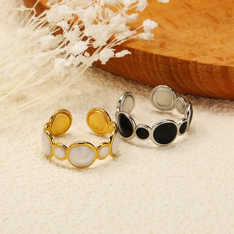 DLseek Round Black White Drip Oil Rings for Women Fashion Open Adjustable Gold Plated Stainless Steel Ring Charms Jewelry Gifts