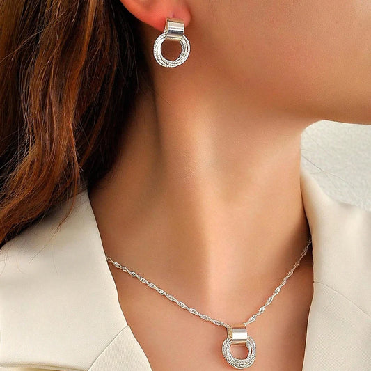 2 PCS Set Multiple Small Circle Pendant Earring Set Gold Plating Link Chain Wedding Party Jewelry Set Silver Color Stud Earring