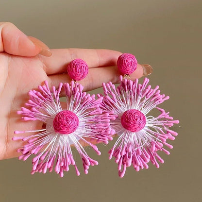 New Colorful Sun Flower Raffia Bead Earrings For Women Girl Handmade Bohemian Rattan Knit Earrings Summer Party Jewelry Gifts