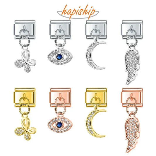 Hapiship Fashion Moon Eye Butterfly Angle Wing Shiny CZ Charm Links Fit 9mm Stainless Steel Bracelet DIY Making Jewelry DJ418