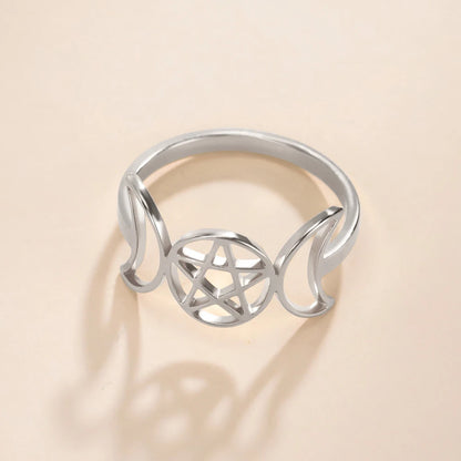 COOLTIME Pentagram Triple Moon Goddess Symbol Rings for Women Men Stainless Steel Crescent Star Ring Vintage Wicca Jewelry Gift