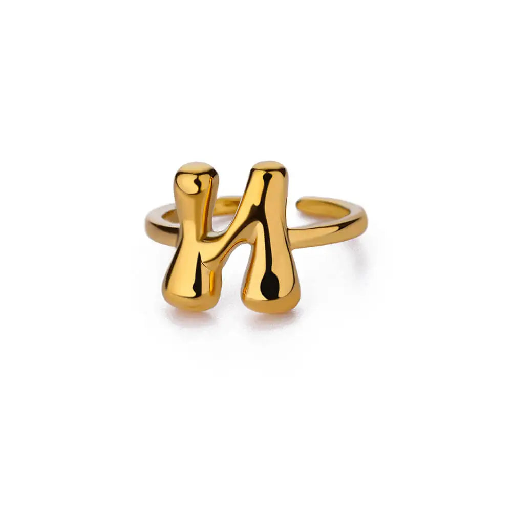 Gold Color Cute Bubble Letters Rings For Women Stainless Steel A-Z Alphabet Opening Ring Wedding Party Christmas Jewelry