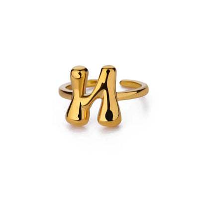 Gold Color Cute Bubble Letters Rings For Women Stainless Steel A-Z Alphabet Opening Ring Wedding Party Christmas Jewelry