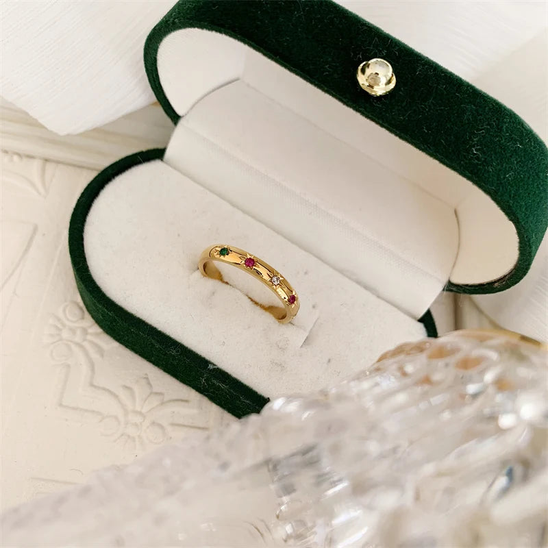 INS Stainless Steel Rainbow Color Cubic Zircon Stone Finger Rings for Women Gold Plated Waterproof Stacker Ring Jewelry Gift