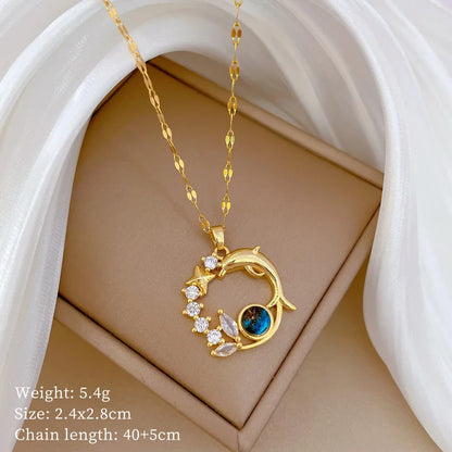 Exquisite Dolphin Star Blue Crystal Pendant Necklace For Women Fashion Personalized Daily Accessory Party Jewelry Birthday Gifts
