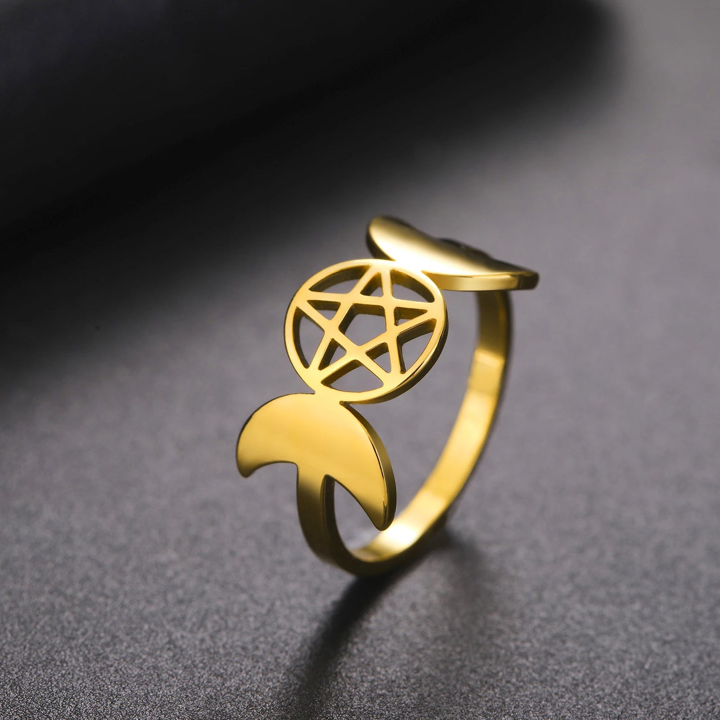 COOLTIME Pentagram Triple Moon Goddess Symbol Rings for Women Men Stainless Steel Crescent Star Ring Vintage Wicca Jewelry Gift