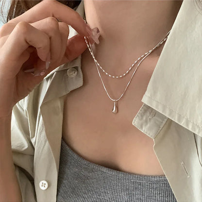 LATS Silver Color Simple Design Long Drop Pendant Necklace for Women Double-layered Clavicle Chain Fashion Jewelry Gifts
